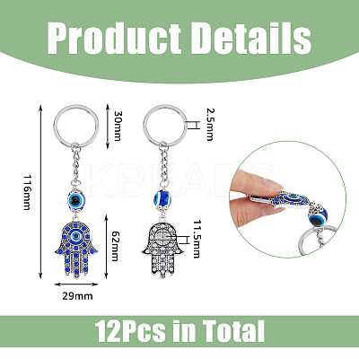 12Pcs Hamsa Hand with Evil Eye Alloy Rhinestones Keychains KEYC-DC0001-25-1