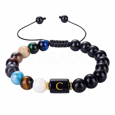 10MM Natural Black Obsidian Alphabet Beaded Braided Bracelets TO2319-3-1