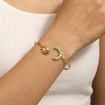 304 Stainless Steel Textured Moon and Sun Open Cuff Bangles for Women DP7347-1