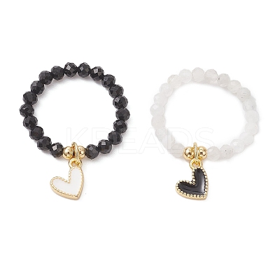 Natural Black Tourmaline & Rainbow Moonstone Beads Finger Rings RJEW-TA00229-1