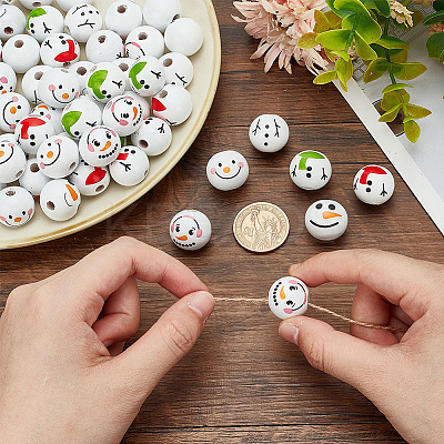 60Pcs 6 Styles Round Christmas Snowman Print Wood European Beads WOOD-PH0002-98-1