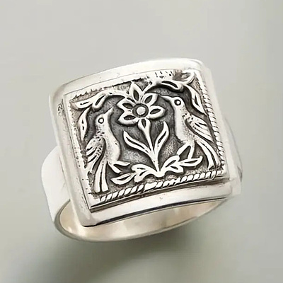 Rectangle with Bird & Flower Pattern Alloy Finger Rings FS-WGF2270-04-1