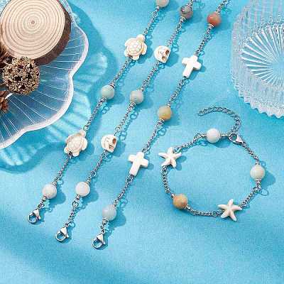 4Pcs 4 Style Natural Flower Amazonite & Synthetic Turquoise Beaded Link Chain Bracelets Set BJEW-JB09518-1