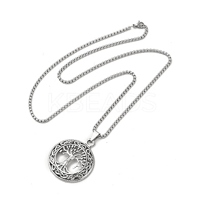 Alloy Tree of Life Pandant Necklace with Stainless Steel Box Chains NJEW-K245-007-1