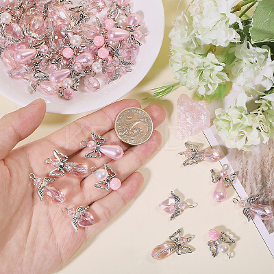 60Pcs 5 Styles Tibetan Style Alloy Butterfly Bead & ABS Plastic Pearl & Glass Pendants PALLOY-CA00015-1