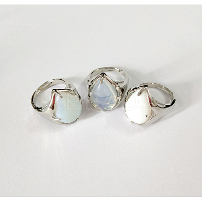 Teardrop Platinum Tone Brass Opalite Adjustable Wide Band Rings RJEW-L062-02A-1