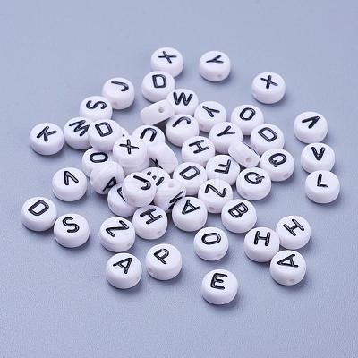 White Chunky Letter Acrylic Flat Round Beads for Kids Jewelry X-OACR-E001-19-1