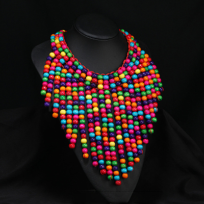 Bohemian Style Round Wood Beaded Multilayer Bib Necklaces for Women WG93846-09-1