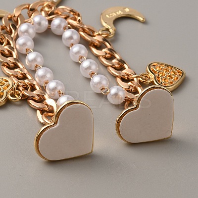 Pearl Plastic Beads & Heart & Moon & Teardrop Charms Link Chain Phone Case Double Chain Strap LS-AJEW-WH0041-61G-1