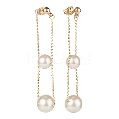 Round Shell Beads with Long Chain Tassel Dangle Stud Earrings EJEW-TA00092-1