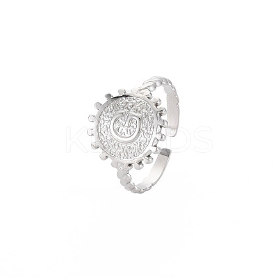 Non-Tarnish 304 Stainless Steel Flat Round with Initial Letter Open Cuff Ring for Men Women RJEW-S405-246P-G-1