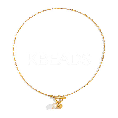 304 Stainless Steel and Faux Pearl Round Pendant Necklaces with OT Clasps for Women AR1092-1