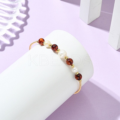Copper French Wire & Round Natural Amber & Cultured Freshwater Pearl Cuff Bangle for Women BJEW-JB13990-1