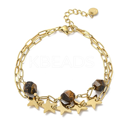 Ion Plating(IP) 304 Stainless Steel Star Link Chains Double Layer Multi-strand Bracelet BJEW-K238-08G-1