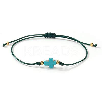 Dyed Synthetic Green Turquoise & Brass Beaded Braided Bead Bracelets QB7029-10-1