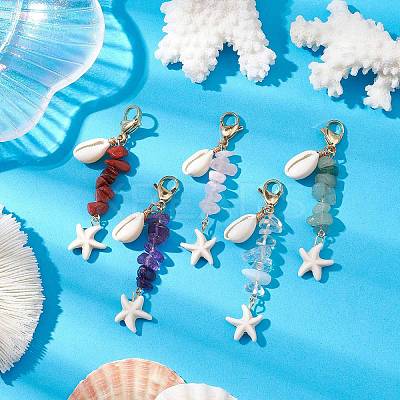 Starfish Synthetic Turquoise & Natural Cowrie Shell Pendant Decoration HJEW-JM02150-1