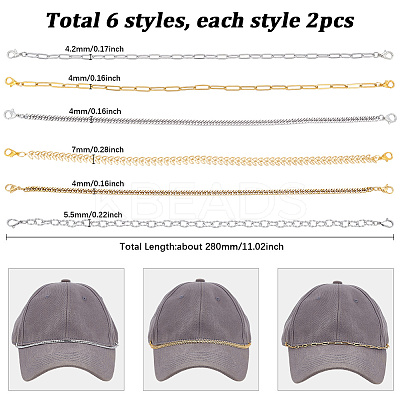 12Pcs 6 Styles 304 Stainless Steel Link Baseball Cap Chain AJEW-SC0003-64-1