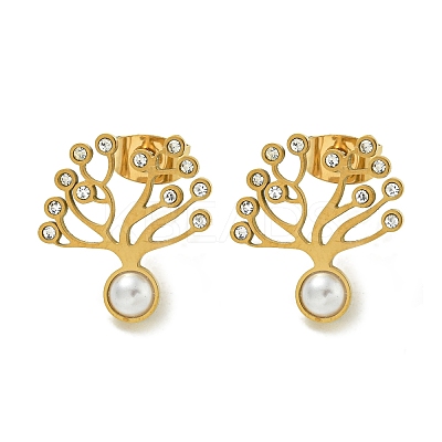 Ion Plating(IP) 304 Stainless Steel & Rhinestone & ABS Plastic Pearl Stud Earrings EJEW-G400-05G-1