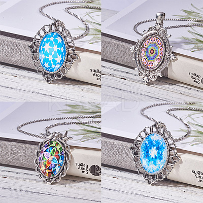 Tibetan Style Alloy Pendant Cabochon Settings and Mosaic Printed Glass Oval Cabochons TIBEP-PH0004-34AS-1