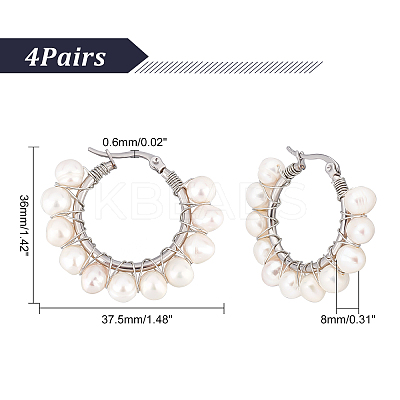 4 Pairs Natural Pearl Braided Hoop Earrings EJEW-UN0002-10-1