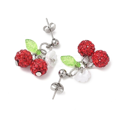 Cherry 304 Stainless Steel Handmade Polymer Clay Rhinestone Dangle Stud Earrings EJEW-JE06429-02-1