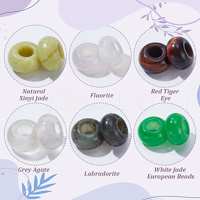 12Pcs 6 Styles Natural Chinese Southern Jade & Fluorite & Red Tiger Eye & Grey Agate & Labradorite & White Jade European Beads G-NB0005-90-1