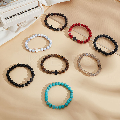 8Pcs 8 Styles Round & Cross Beaded Stretch Bracelets for Men Women BJEW-GO0001-37-1