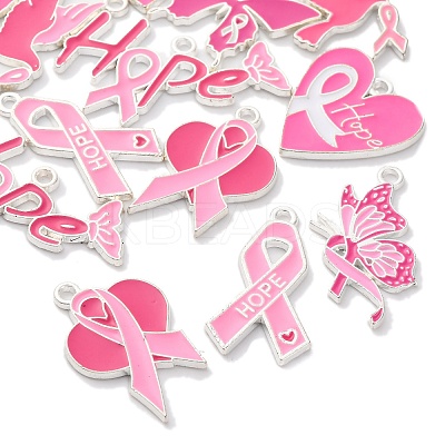 14Pcs 7 Styles Breast Cancer Pink Awareness Ribbon Theme Alloy Enamel Pendants ENAM-FP0002-54-1