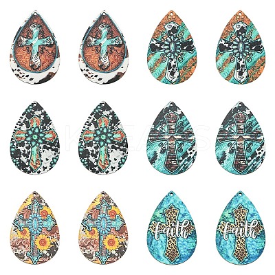 30pPcs 6 Colors Printed Cross Wood Big Pendants WOOD-YW0001-43-1
