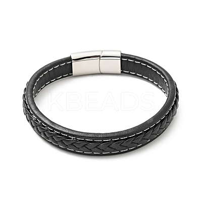 Cowhide Braided Flat Cord Bracelet with 304 Stainless Steel Magnetic Clasps BJEW-H552-01P-01-1