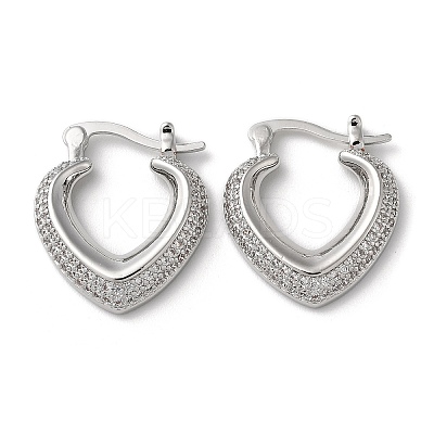 Heart Brass Cubic Zirconia Hoop Earrings EJEW-K247-09P-1