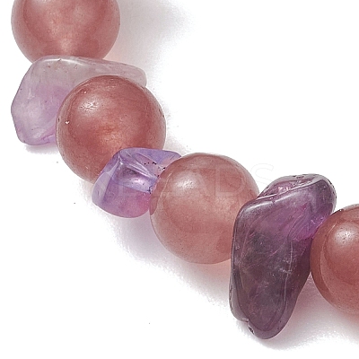 Natural Amethyst Chip & Natural Strawberry Quartz Round Beaded Stretch Bracelets for Women BJEW-JB13279-01-1