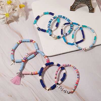 8Pcs 8 Style Polymer Clay Heishi & Natural Pearl & Non-magnetic Synthetic Hematite Beads Stretch Bracelets Set for Girl Women BJEW-SZ0001-81-1