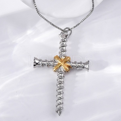 Brass Screw Cross Pendant Box Chain Necklaces for Women Men NJEW-C067-06P-1