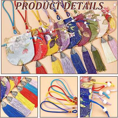 9Pcs 9 Colors Flower Pattern Brocade Bag Tassel Pendant Decorations HJEW-NB0001-97-1