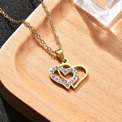 304 Stainless Steel Crystal Rhinestone Heart Pendant Cable Chain Necklaces for Women LS-NJEW-Z056-01B-G-1
