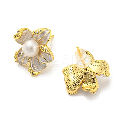 Cubic Zirconia Flower Stud Earrings with Natural Pearl EJEW-Z020-05G-1