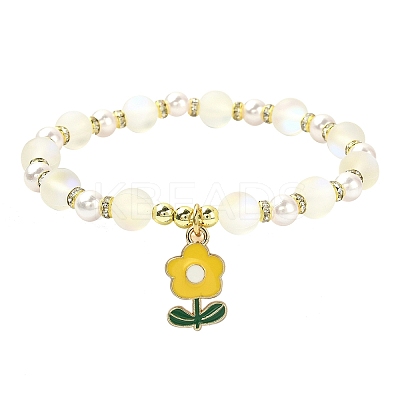Synthetic Moonstone & Plastic Pearl & Hematite Beaded Stretch Bracelet BJEW-JB09502-1