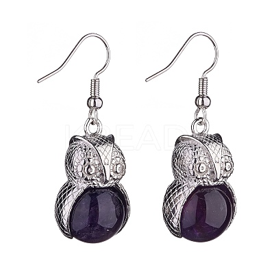 Natural Amethyst Owl Dangle Earrings EJEW-A092-08P-13-1