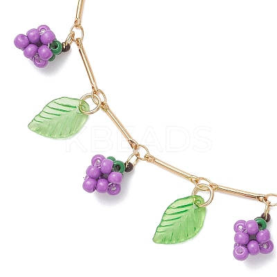 Acrylic Leaf & Glass Seed Beaded Grapes Tassel Brass Bar Link Chain Anklets for Women AJEW-MZ00008-01-1