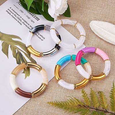Candy Color Chunky Curved Tube Acrylic Beads Stretch Bracelets Set for Women BJEW-SW00015-1