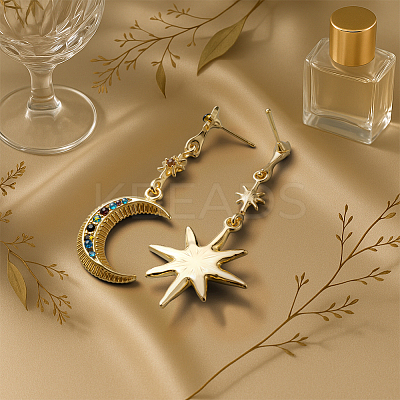2 Pairs Colorful Rhinestone Moon & Star Dangle Stud Earrings EJEW-HY0001-33-1