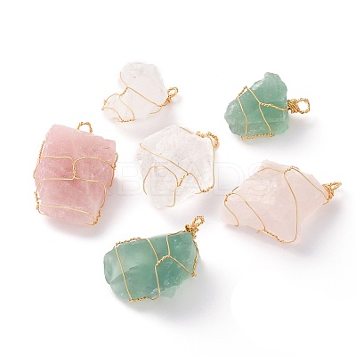 Rough Raw Natural Fluorite & Quartz Crystal & Rose Quartz Pendants PALLOY-JF00586-1