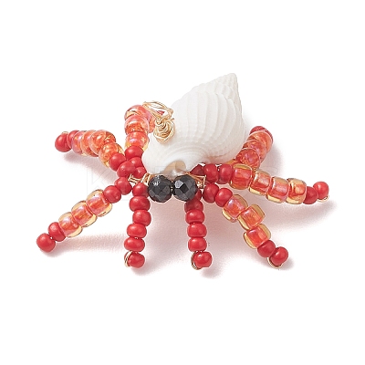 Natural Faceted Round Natural Black Spinel & Natural Trumpet Shell & Glass Seed Beaded Crab Pendants PALLOY-MZ01177-1