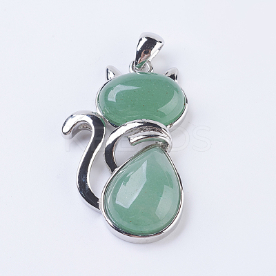 Natural Green Aventurine Kitten Pendants G-P352-B02-1