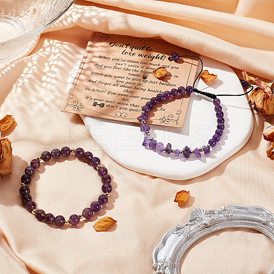 2Pcs 2 Style Natural Amethyst Beaded Stretch Bracelets Set BJEW-OC0001-12-1