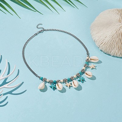 Synthetic Turquoise Starfish & Natural Shell Pendant Necklace NJEW-TA00063-1