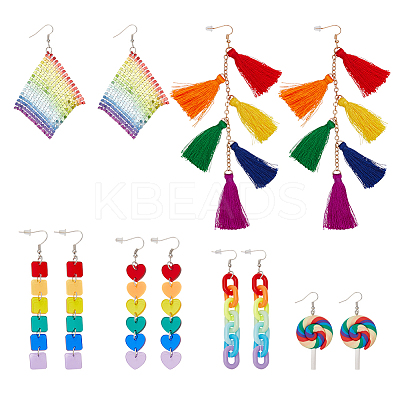 6 Pair 6 Style Rainbow Color Pride Heart Acrylic & Polymer Clay Lollipop & Polyester Tassel Dangle Earrings EJEW-AN0003-33-1