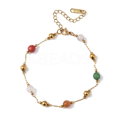 Natural Agate & Dyed Jade Round Beaded Link Bracelets BJEW-G774-02G-1