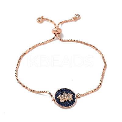 Rack Plating Brass Micro Pave Clear & Dark Blue Cubic Zirconia Box Chain Lotus Flower Link Slider Bracelets BJEW-G716-01RG-1